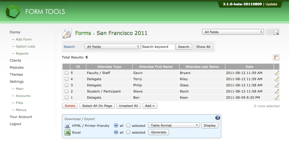 Form tools. Select menu. Update formats. Vendor select Table.